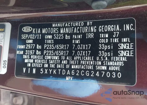 2012 Kia Sorento Lx из США, поврежденный, VIN 5XYKTDA62CG247030